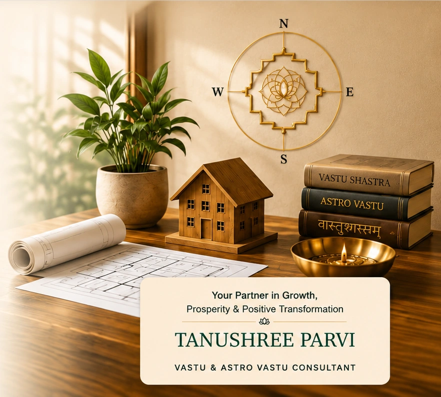 Premium Vastu consultation workspace with compass, home model, plant, floor plan and Vastu books